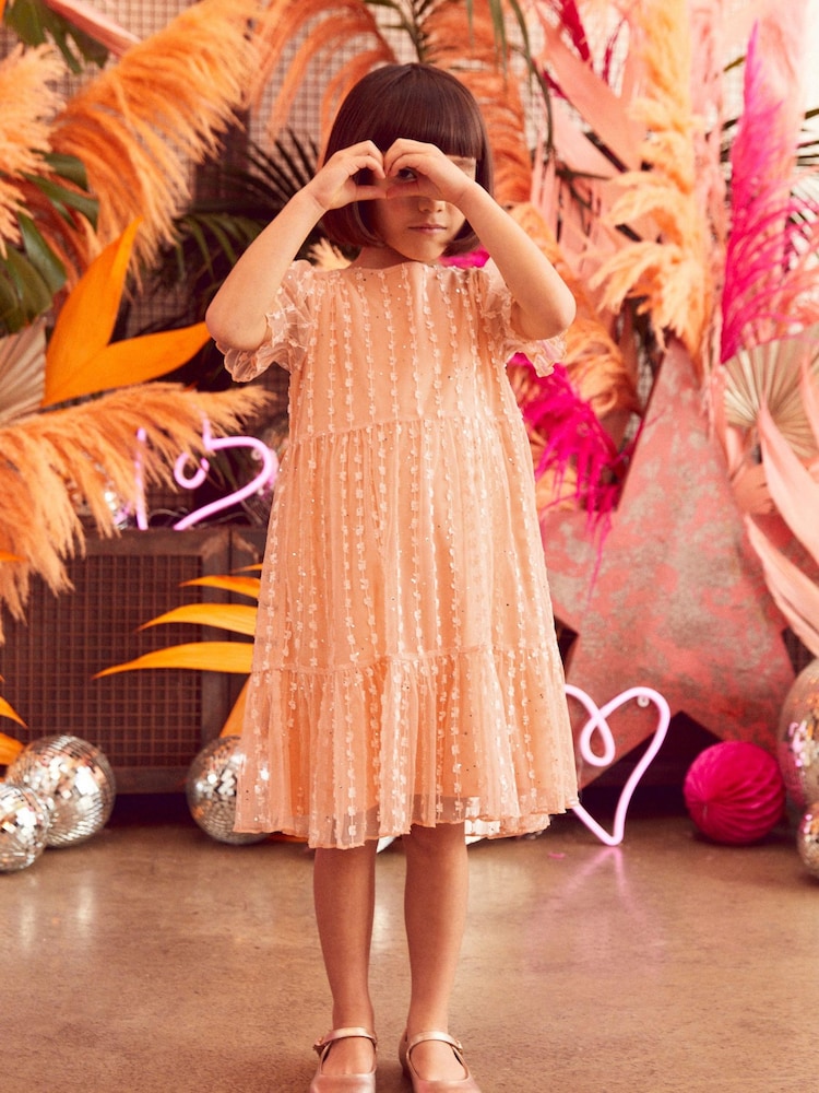 Apricot/Pastellorange - Kurzärmeliges, gestuftes Partykleid aus glitzerndem Netzstoff (3–16 J.) - Bild 2 von 6 Apricot/Pastellorange - Kurzärmeliges, gestuftes Partykleid aus glitzerndem Netzstoff (3–16 J.) - Bild 2 von 6