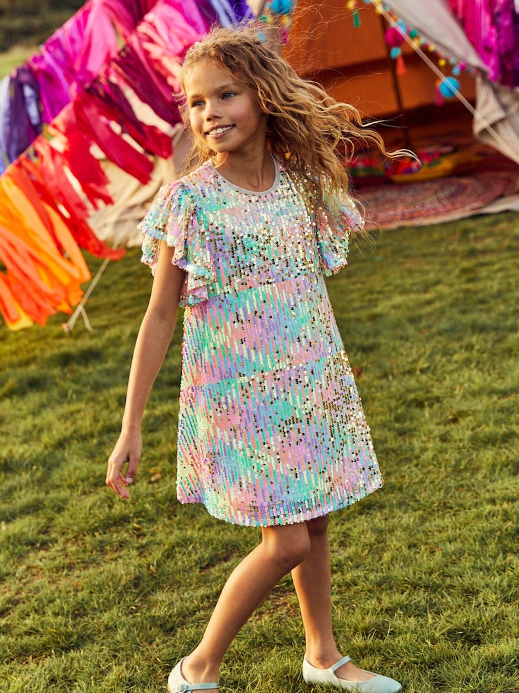 Pink/ Lilac Purple Pastel Rainbow Sequin Dress (3-16yrs) - Image 1 of 6