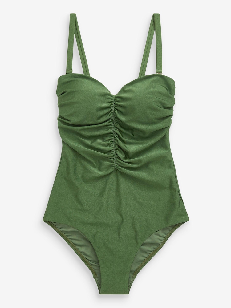 Khaki High Shine Tummy Control Ruched Bandeau Swimsuit - Image 5 of 5
