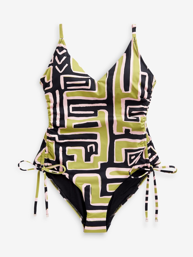 Green/Black Geo Tummy Control Side Ruched Swimsuit - Image 5 of 5