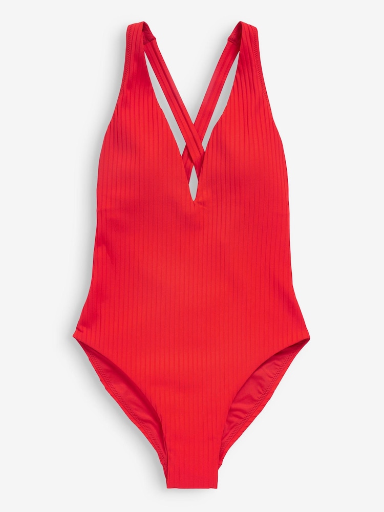 Red Ribbed Deep Plunge Tummy Control Swimsuit - Image 6 of 6