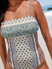 Green Woodblock Bandeau Tummy Control Swimsuit - Image 4 of 5