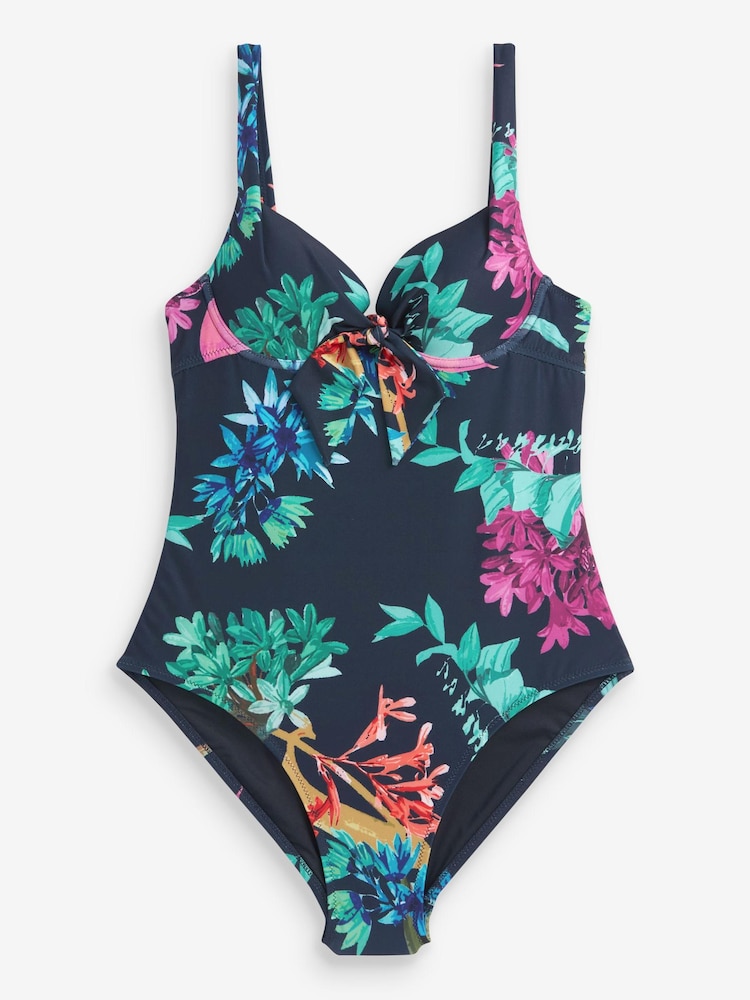 Navy Blue Floral Padded Wired Tummy Control Swimsuit - Image 5 of 5