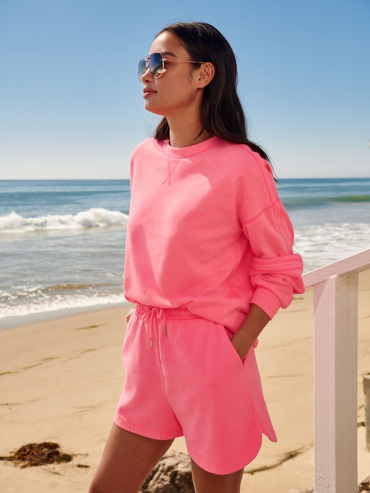 Fluro Pink 100% Cotton Side Split Drawstring Shorts - Image 1 of 5