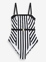 Black/White Stripe Bandeau Belted Tummy Control Swimsuit - Image 5 of 5