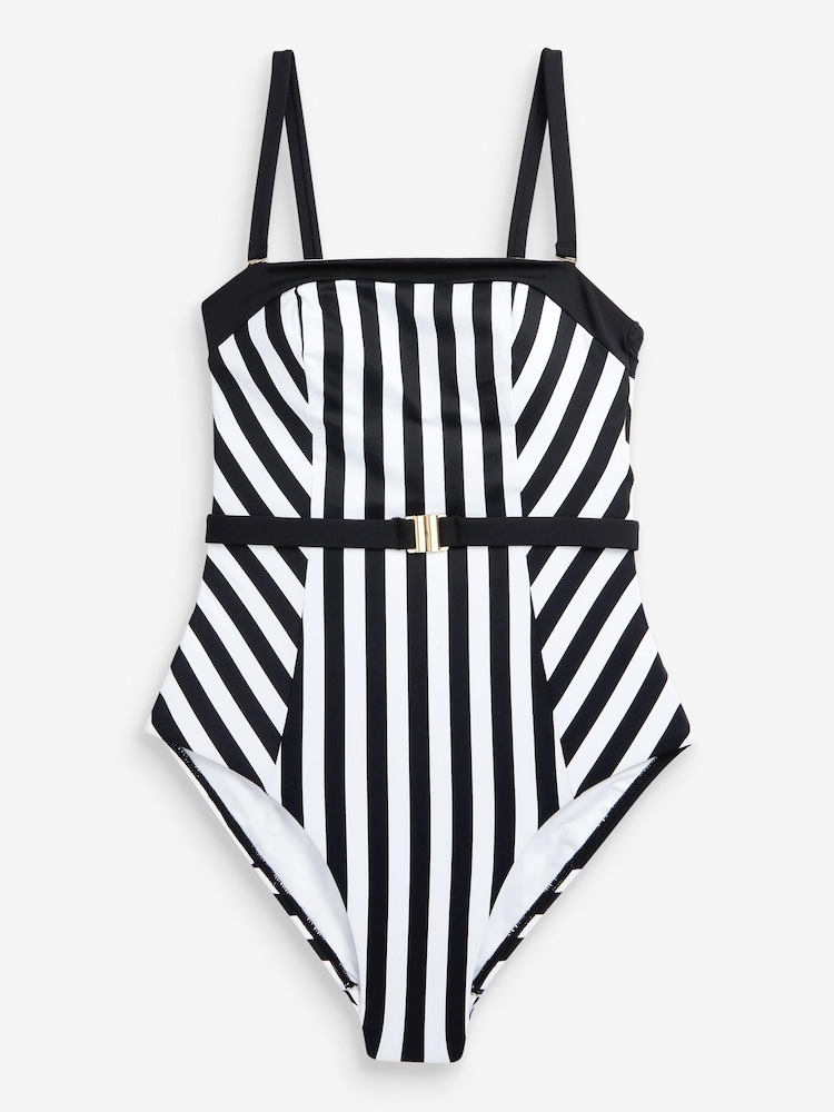 Black/White Stripe Bandeau Belted Tummy Control Swimsuit - Image 5 of 5