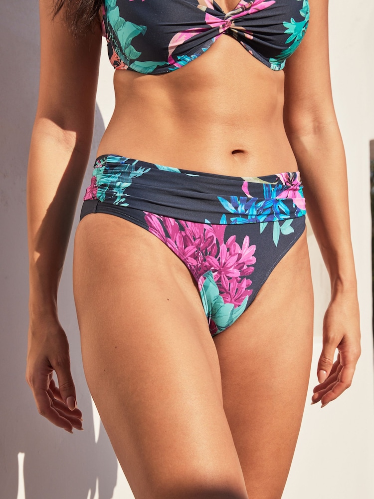 Navy Blue Floral Roll Top Bikini Bottoms - Image 1 of 5