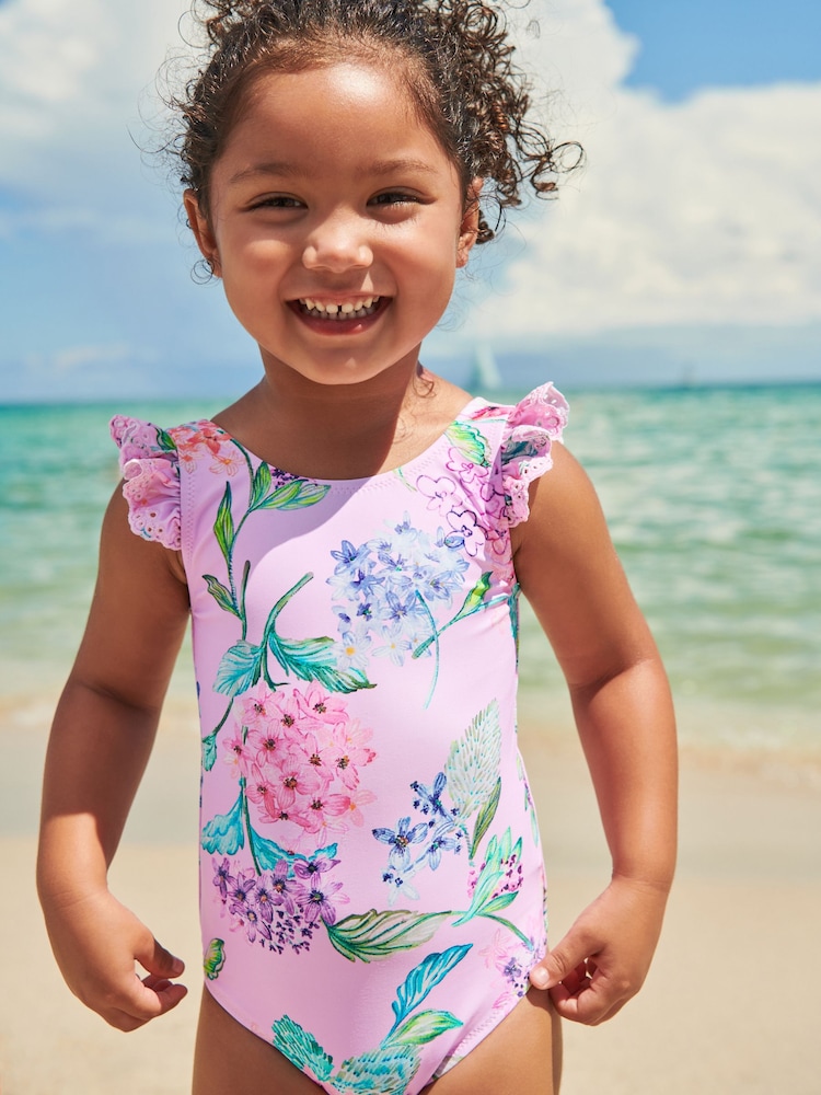 Pale Pink Floral Frill Sleeved Swimsuit (3mths-12yrs) - Image 1 of 5 Pale Pink Floral Frill Sleeved Swimsuit (3mths-12yrs) - Image 1 of 5