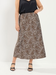 Yours Curve Brown Satin Deer Spot Print Skirt - Image 1 of 6