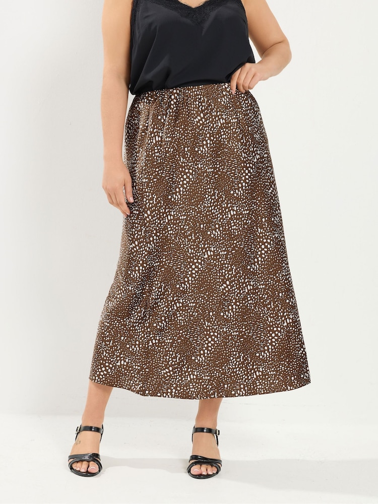 Yours Curve Brown Satin Deer Spot Print Skirt - Image 1 of 6