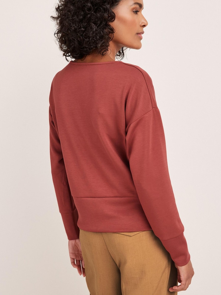 Rust Brown Long Sleeve Slinky Notch Neck Top - Image 2 of 5 Rust Brown Long Sleeve Slinky Notch Neck Top - Image 2 of 5