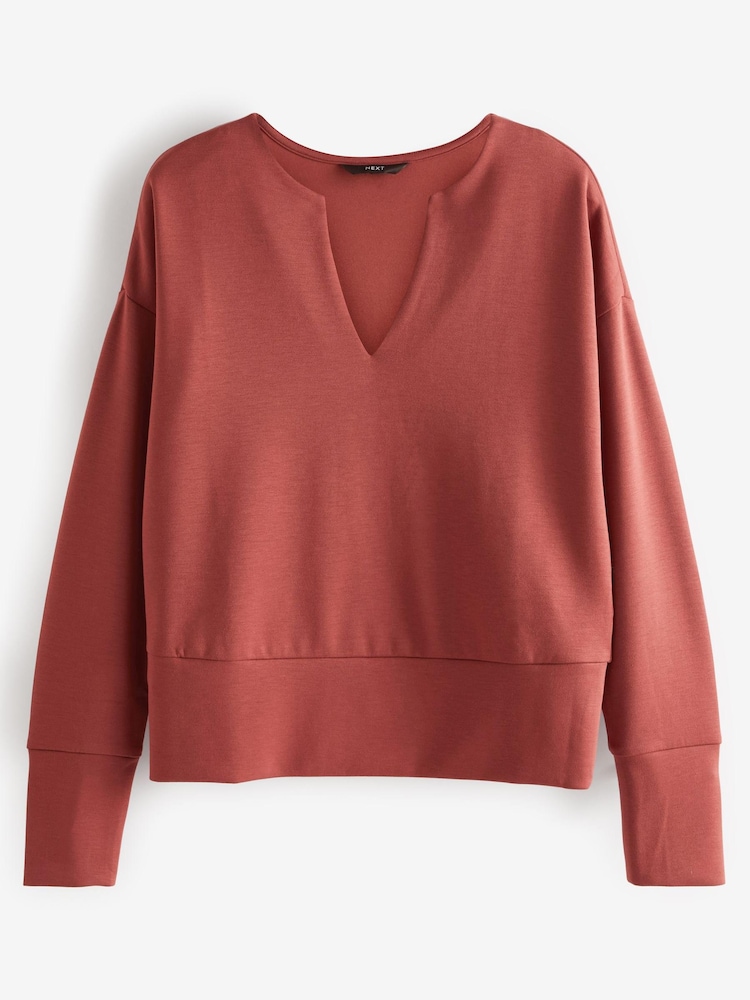 Rust Brown Long Sleeve Slinky Notch Neck Top - Image 5 of 5 Rust Brown Long Sleeve Slinky Notch Neck Top - Image 5 of 5