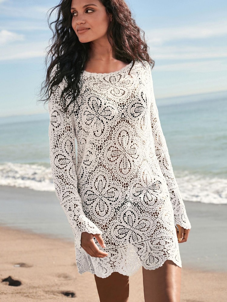 Cream Slash Neck Crochet Beach Cover-Up - Image 1 of 5