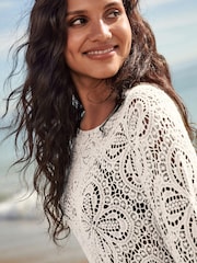 Cream Slash Neck Crochet Beach Cover-Up - Image 2 of 5