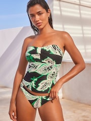 Black/Green Leaf Print Wide Strap Tummy Control Bandeau Tankini - Image 1 of 7