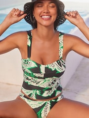 Black/Green Leaf Print Wide Strap Tummy Control Bandeau Tankini - Image 2 of 7