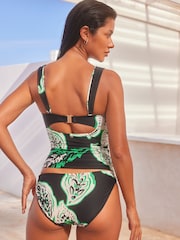 Black / Green Leaf Print Ruched Side High Leg Bikini Bottoms - Image 3 of 5