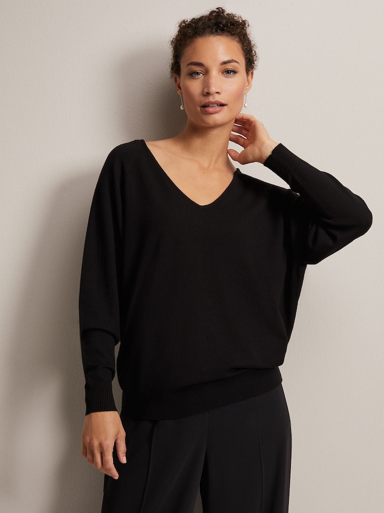 Phase Eight Black Senita Fine Knit V-Neck Jumper - Image 1 of 6