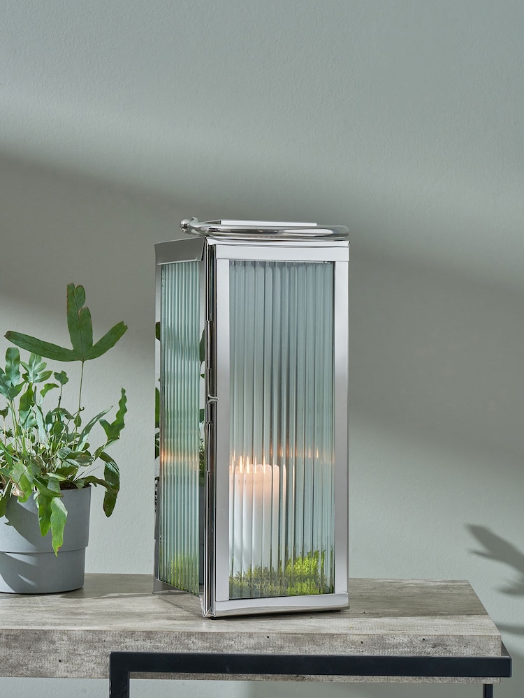 Pacific Silver/White Shiny Nickel Ribbed Glass Small Lantern - Image 1 of 4