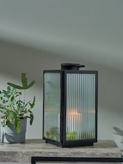 Pacific Set of 2 Black Metal And Ribbed Glass Lanterns - Image 1 of 4
