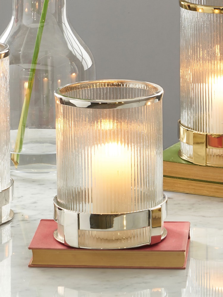 Pacific Silver Metal And Textured Glass Hurricane Candle Holder - Image 1 of 3