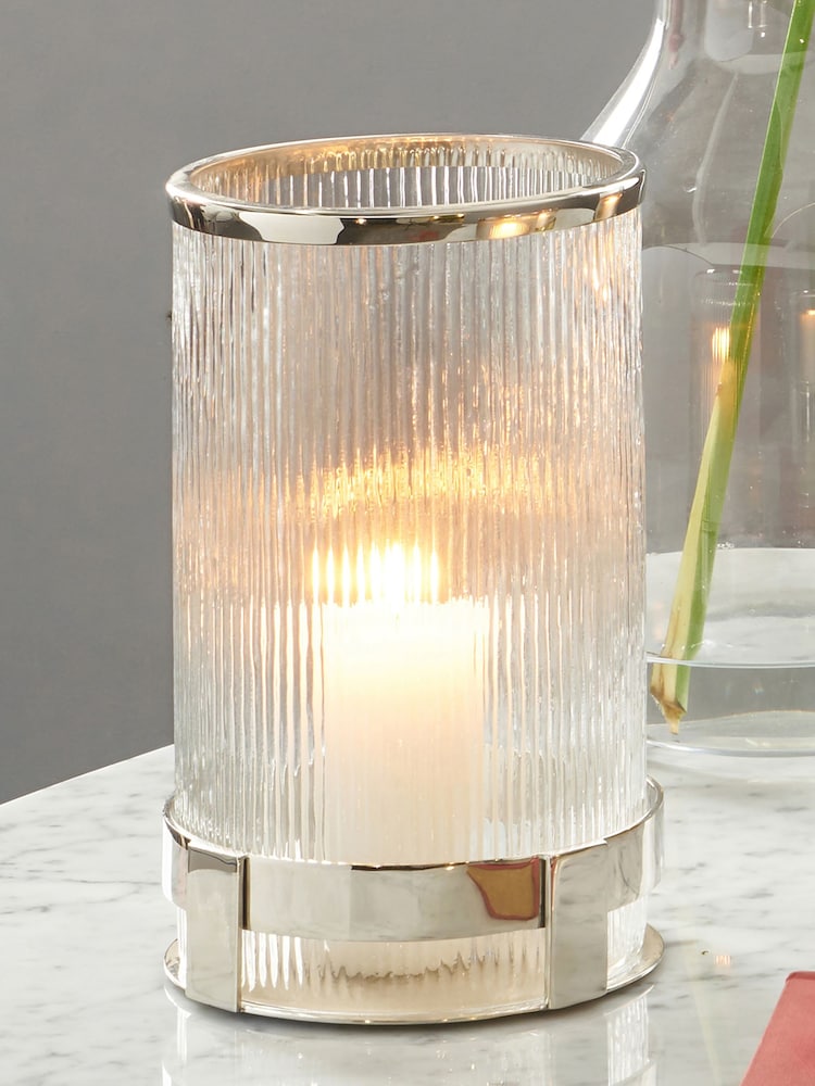 Pacific Silver Tall Metal And Textured Glass Hurricane Candle Holder - Image 1 of 3