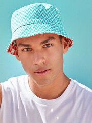 Orange/Blue Geometric Print Festival Reversible Bucket Hat - Image 2 of 6