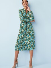 Green Floral Zip Neck Tie Waist Midi Dress - Image 1 of 5