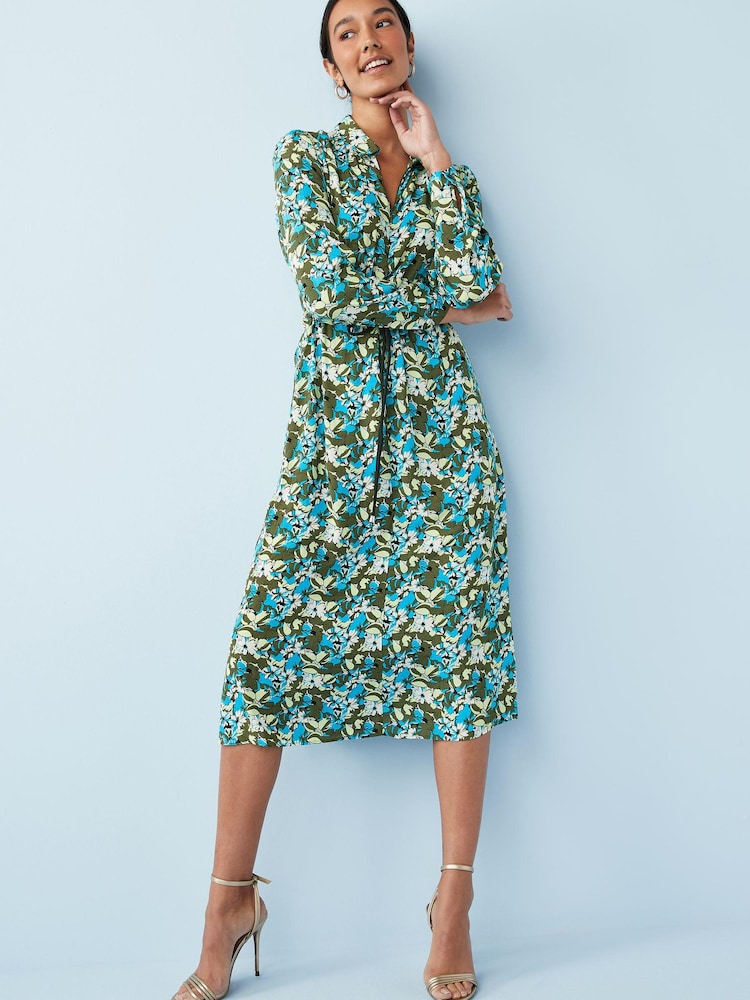 Green Floral Zip Neck Tie Waist Midi Dress - Image 1 of 5