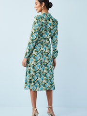 Green Floral Zip Neck Tie Waist Midi Dress - Image 2 of 5