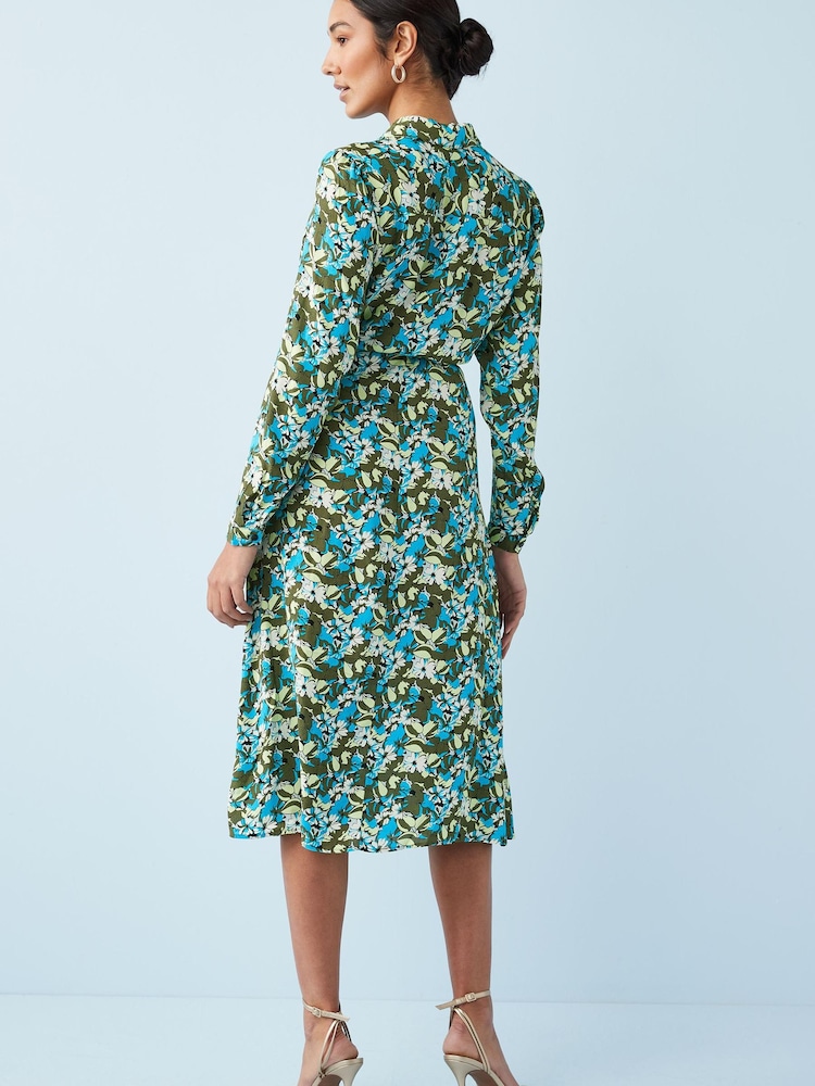 Green Floral Zip Neck Tie Waist Midi Dress - Image 2 of 5