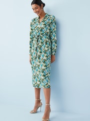 Green Floral Zip Neck Tie Waist Midi Dress - Image 3 of 5