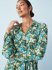 Green Floral Zip Neck Tie Waist Midi Dress - Image 4 of 5
