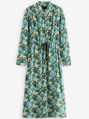 Green Floral Zip Neck Tie Waist Midi Dress - Image 5 of 5