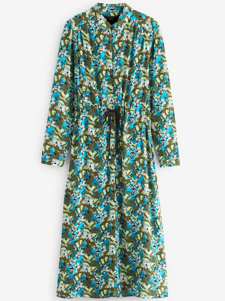 Green Floral Zip Neck Tie Waist Midi Dress - Image 5 of 5