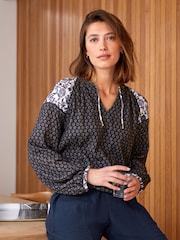 Navy Blue Geometric Cotton Crinkle Bubble Hem Long Sleeve Top - Image 1 of 5