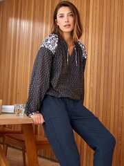 Navy Blue Geometric Cotton Crinkle Bubble Hem Long Sleeve Top - Image 2 of 5