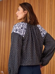 Navy Blue Geometric Cotton Crinkle Bubble Hem Long Sleeve Top - Image 3 of 5
