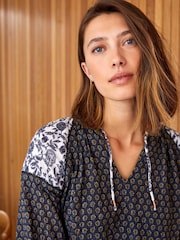 Navy Blue Geometric Cotton Crinkle Bubble Hem Long Sleeve Top - Image 4 of 5