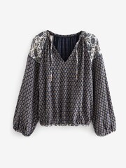 Navy Blue Geometric Cotton Crinkle Bubble Hem Long Sleeve Top - Image 5 of 5