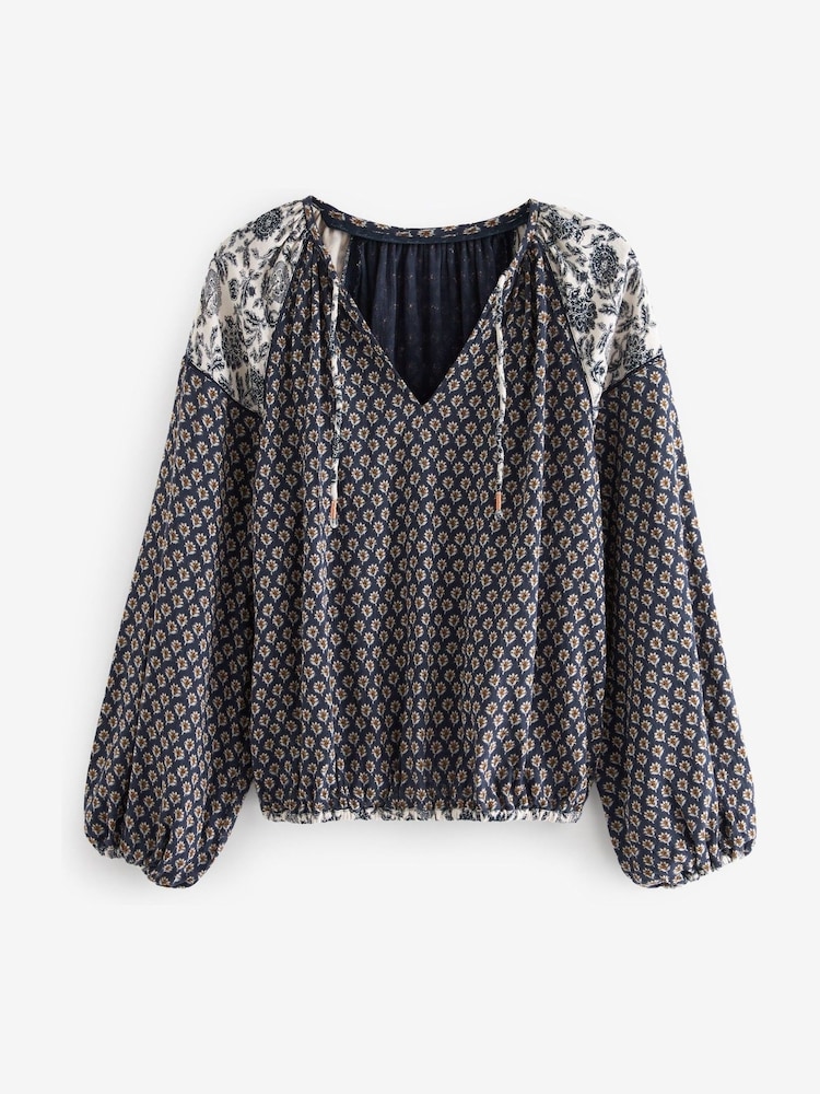 Navy Blue Geometric Cotton Crinkle Bubble Hem Long Sleeve Top - Image 5 of 5