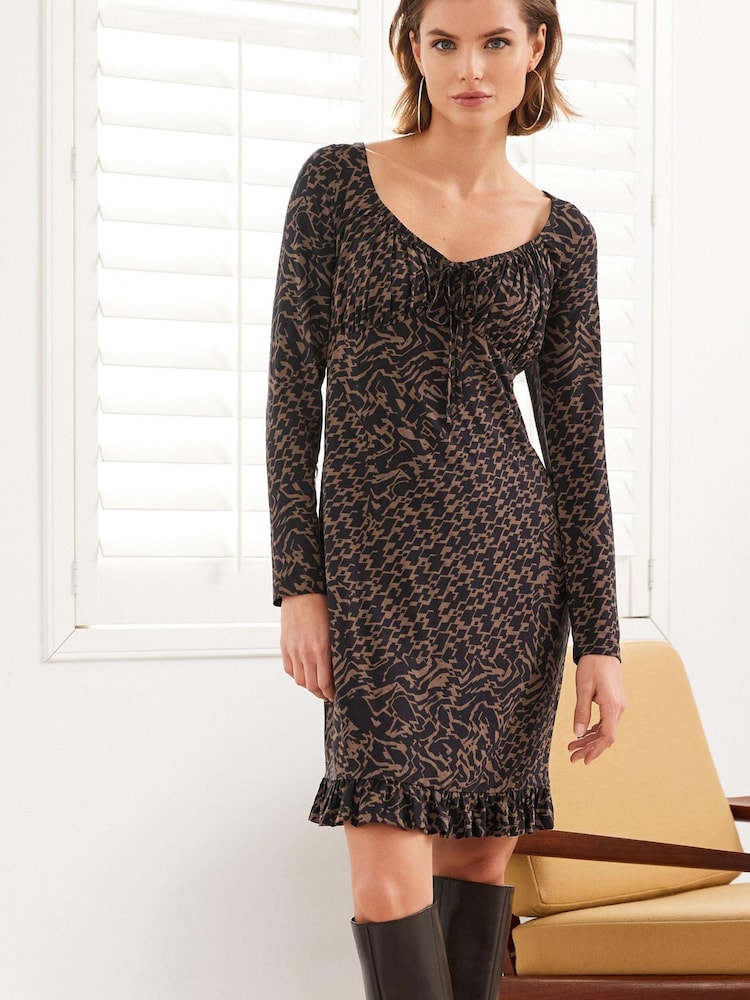 Black/Brown Geo Long Sleeve Ruffle Hem Mini Dress - Image 1 of 5
