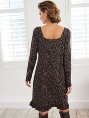 Black/Brown Geo Long Sleeve Ruffle Hem Mini Dress - Image 2 of 5