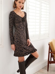Black/Brown Geo Long Sleeve Ruffle Hem Mini Dress - Image 3 of 5