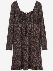 Black/Brown Geo Long Sleeve Ruffle Hem Mini Dress - Image 5 of 5