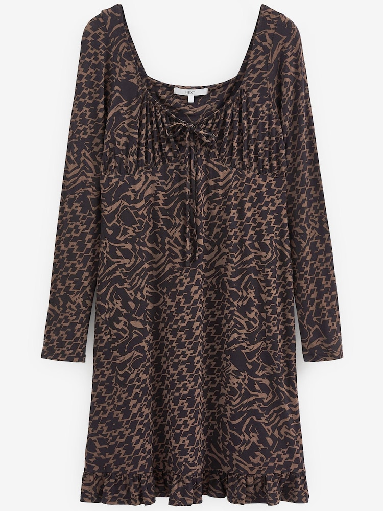Black/Brown Geo Long Sleeve Ruffle Hem Mini Dress - Image 5 of 5