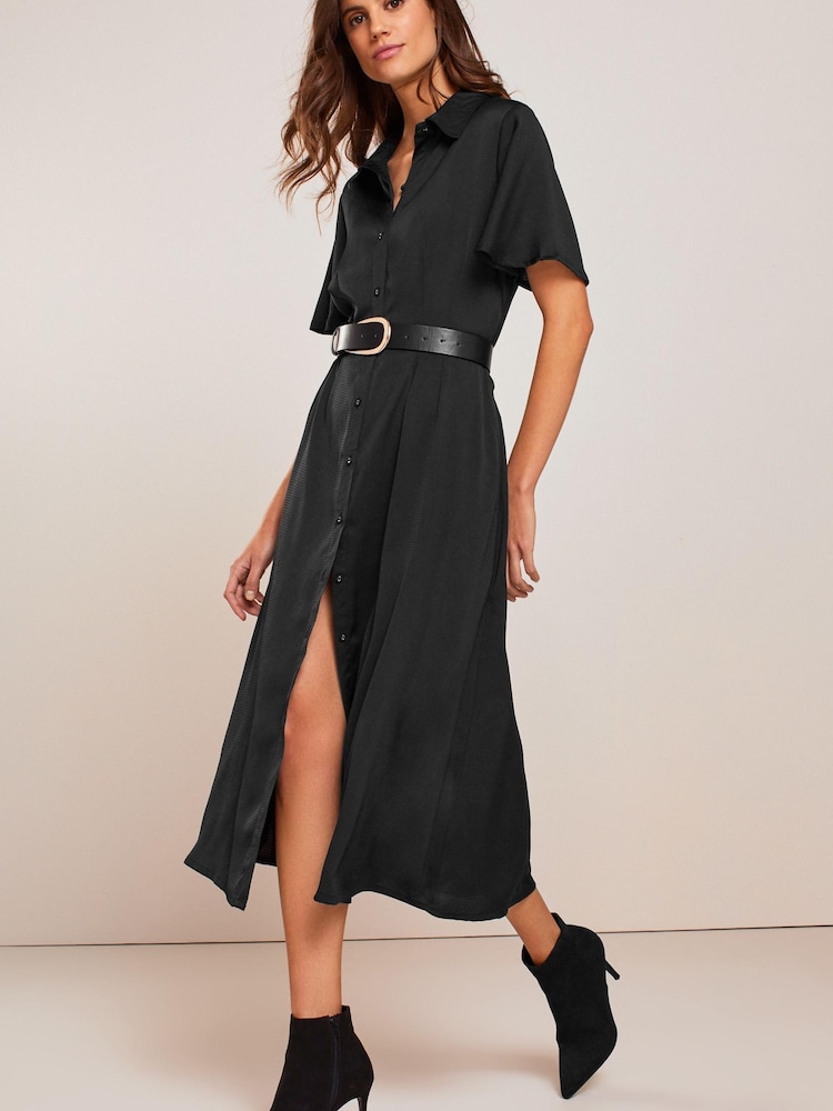 Black Fluted Sleeve Empire Midi Shirt Dress - Image 1 of 5