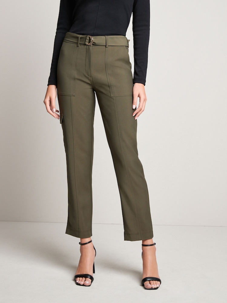 Khaki Green Smart Utility Cargo Belted Taper Trousers - Image 2 of 5