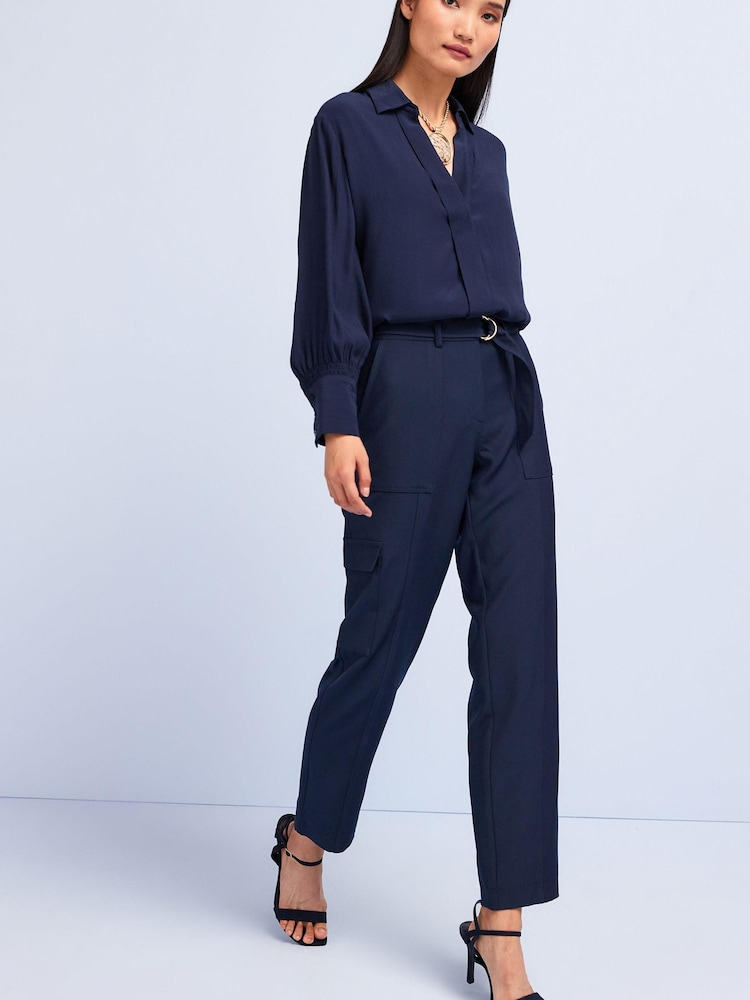 Navy Blue Smart Utility Cargo Belted Taper Trousers - Image 1 of 2