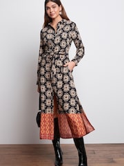 Schwarz mit Geo-Bordürenmuster - Langärmeliges Midi-Hemdkleid mit Gürtel - Bild 2 von 5